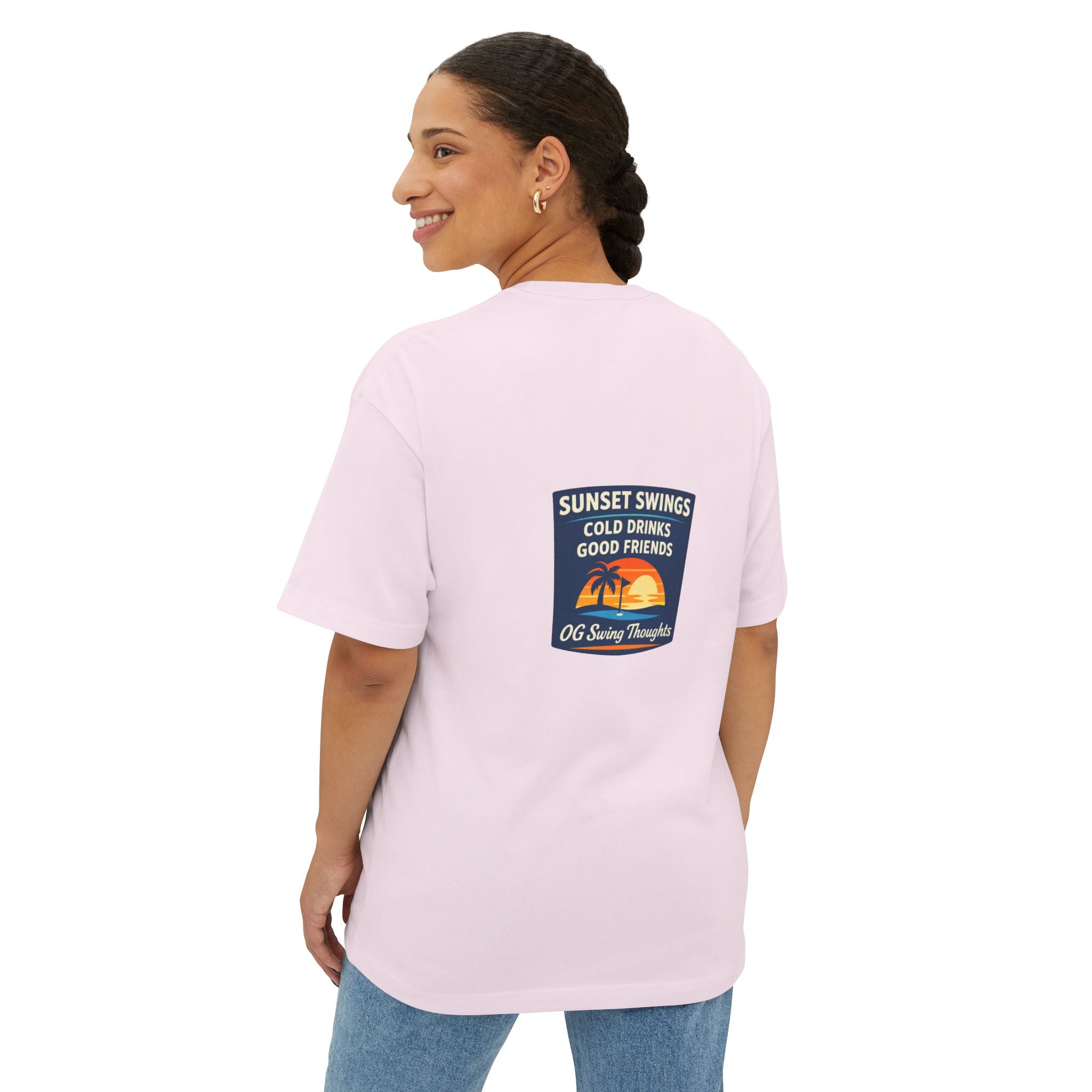 Sunset Swings Tee — 'Sunset Swings: Cold Drinks, Good Friends' Casual Boxy T-Shirt