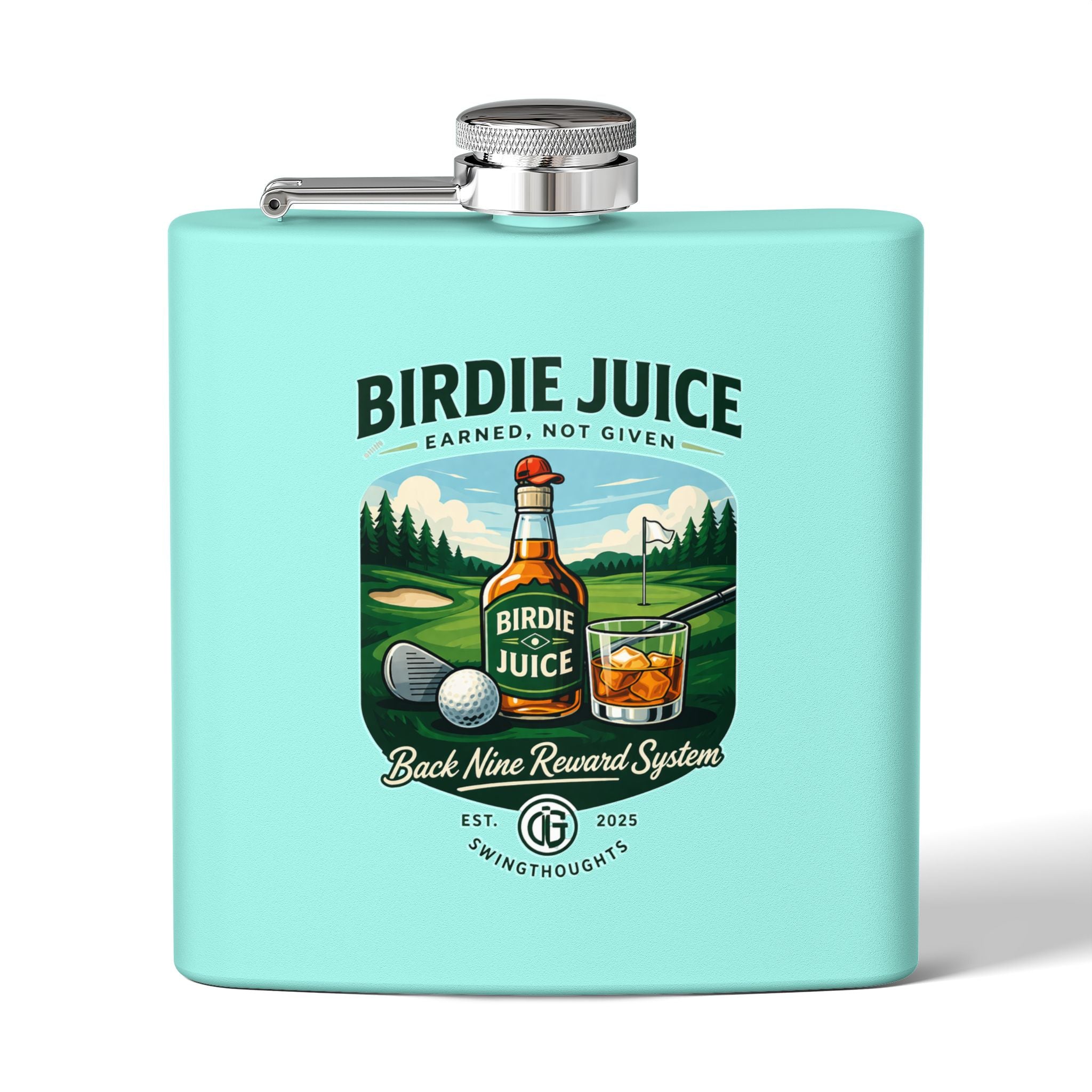 Golf Flask — “Birdie Juice” 6oz Stainless Steel Hip Flask (Golf Gift)