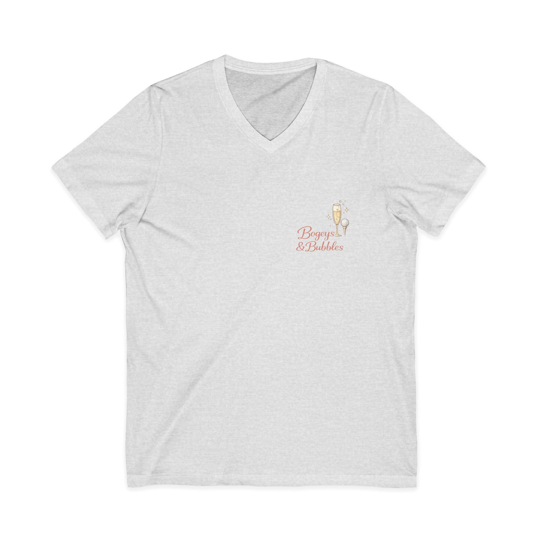 Bogeys & Bubbles V-Neck Tee — “Play Well, Sip Often”