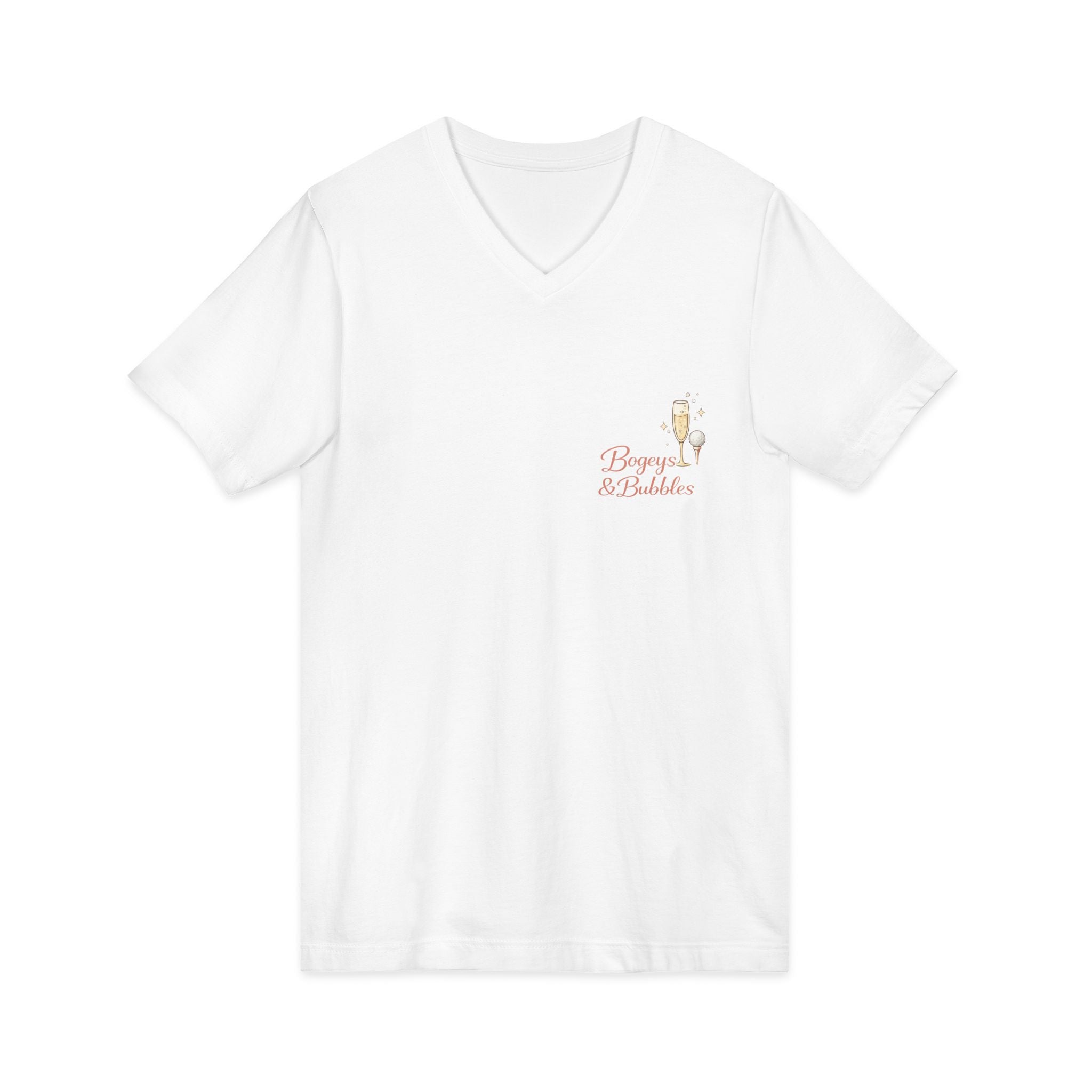 Bogeys & Bubbles V-Neck Tee — “Play Well, Sip Often”