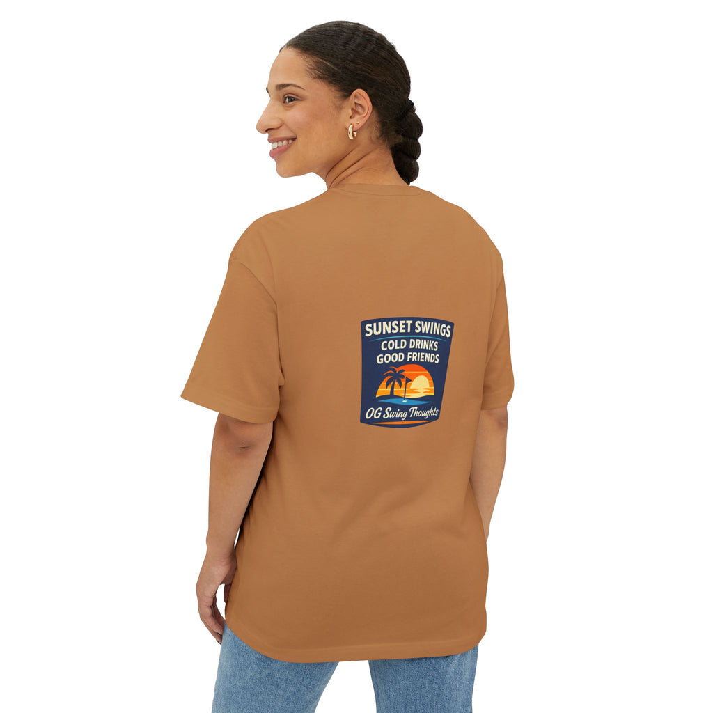 Sunset Swings Tee — 'Sunset Swings: Cold Drinks, Good Friends' Casual Boxy T-Shirt