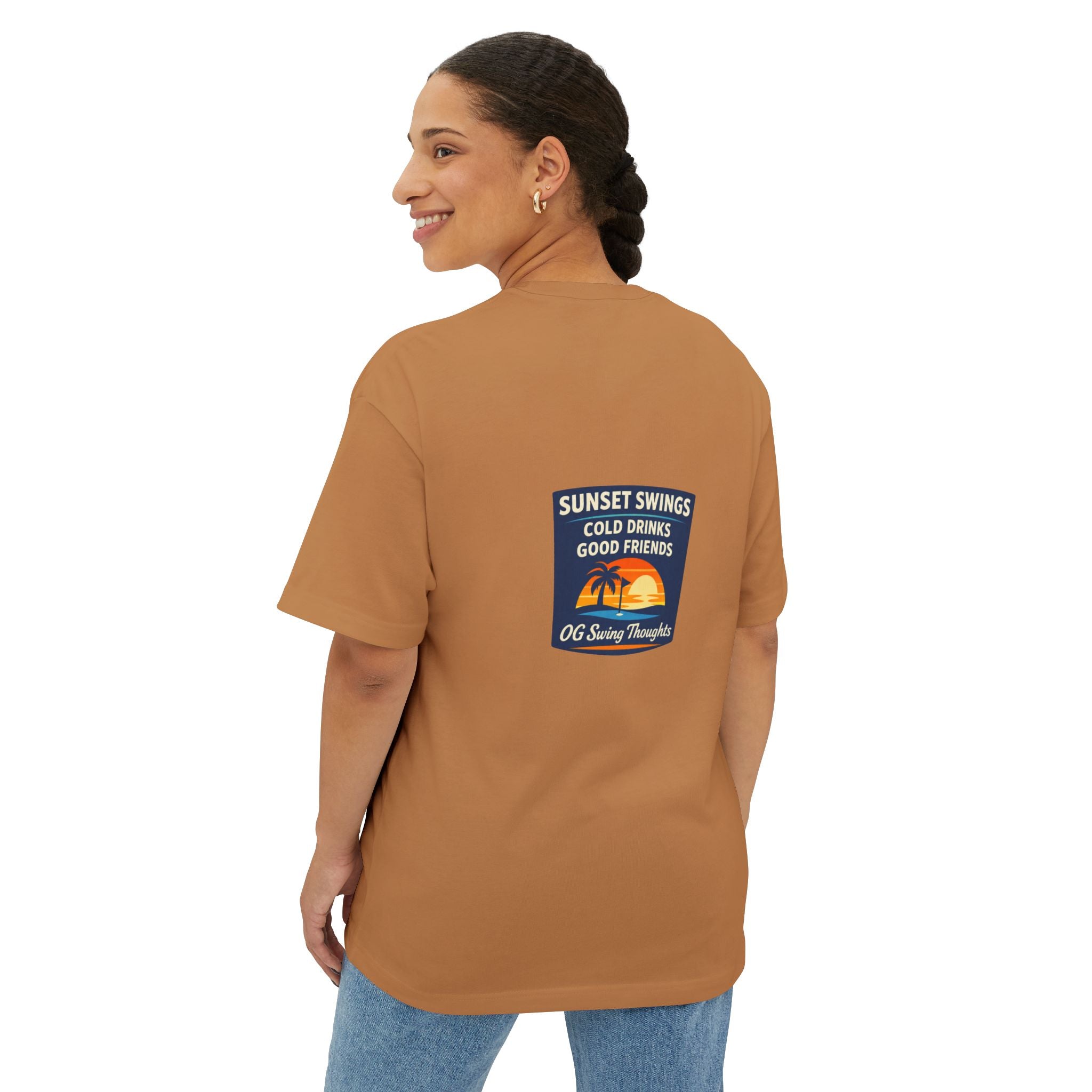 Sunset Swings Tee — 'Sunset Swings: Cold Drinks, Good Friends' Casual Boxy T-Shirt