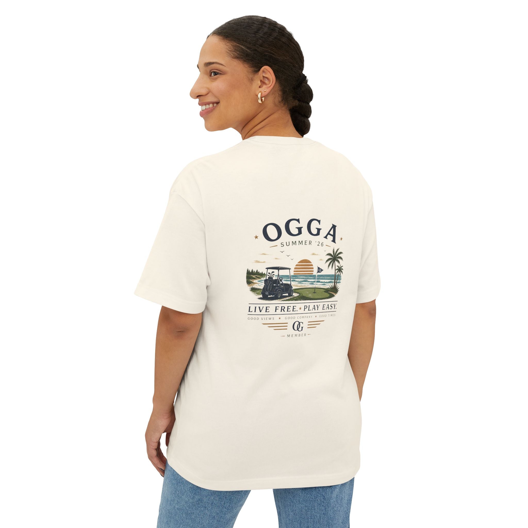 OGGA Beach Tee — "Live Free, Play Easy" Oversized Boxy T-Shirt