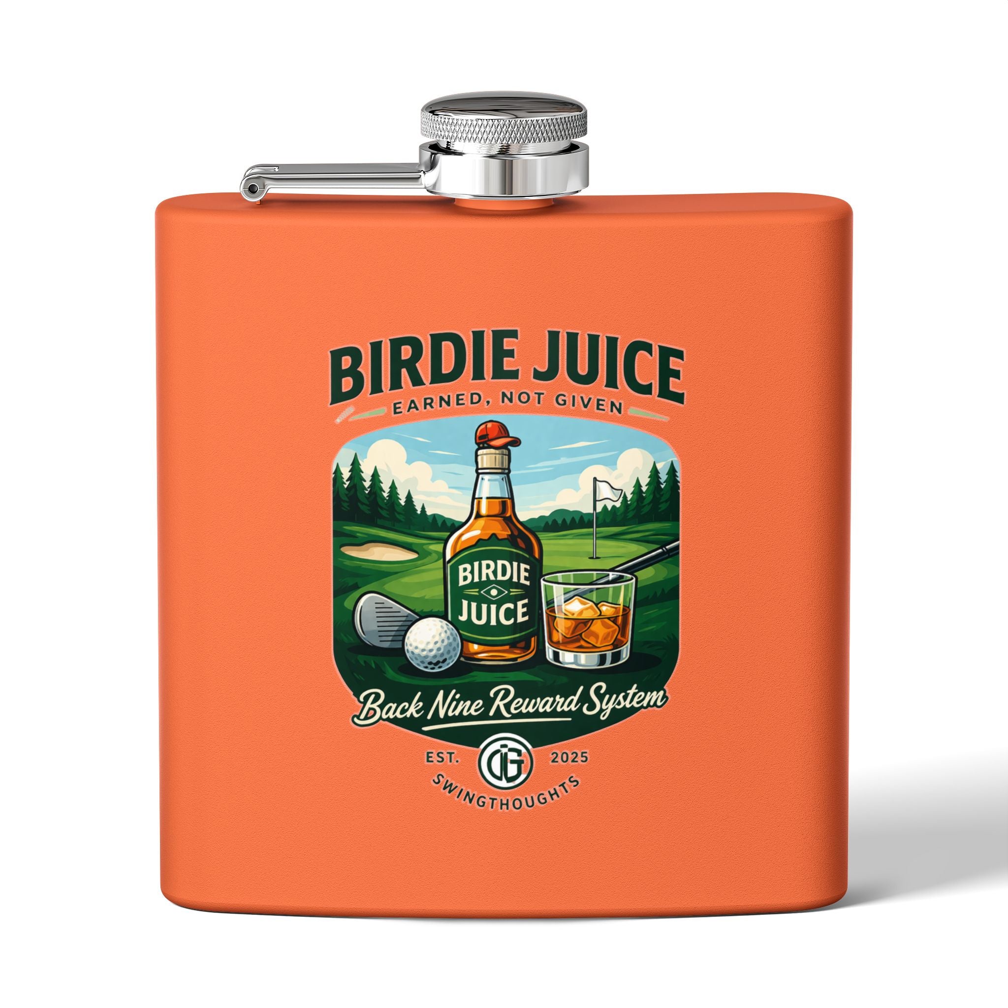Golf Flask — “Birdie Juice” 6oz Stainless Steel Hip Flask (Golf Gift)