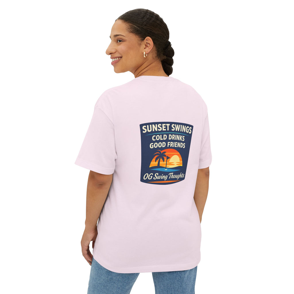 Sunset Swings Tee — 'Sunset Swings: Cold Drinks, Good Friends' Casual Boxy T-Shirt