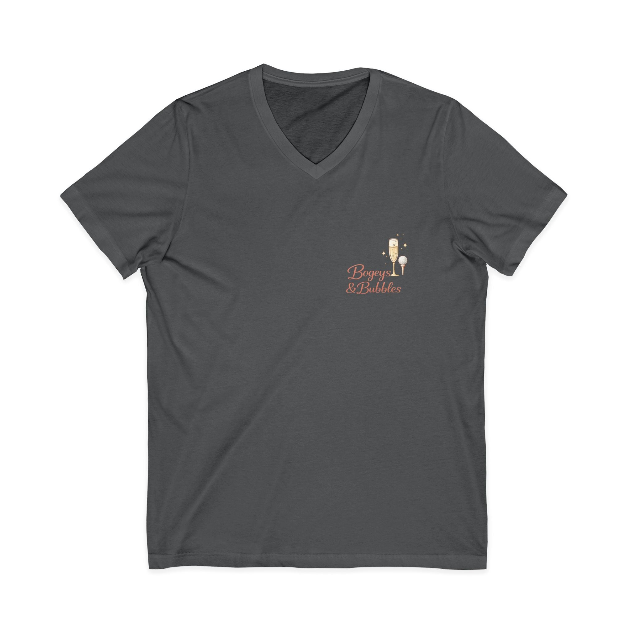 Bogeys & Bubbles V-Neck Tee — “Play Well, Sip Often”