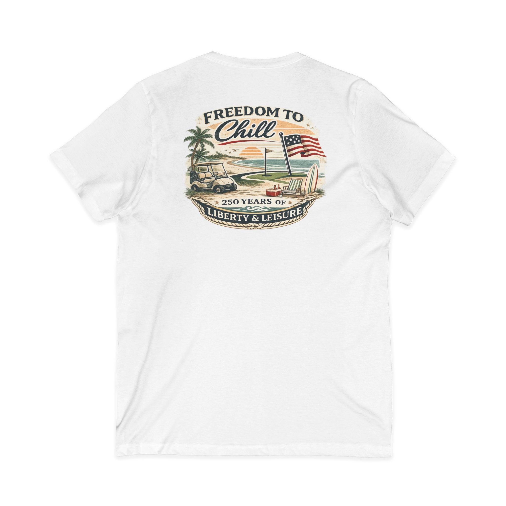 Freedom to Chill V-Neck Tee — Patriotic Beach Vintage Graphic