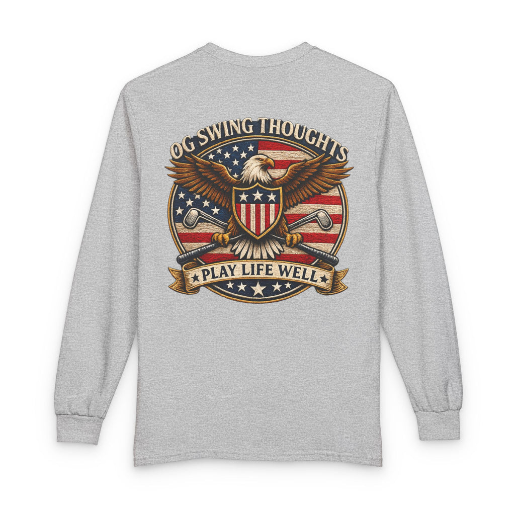 "Play Life Well" with Patriotic Eagle Vintage American Long Sleeve Crew