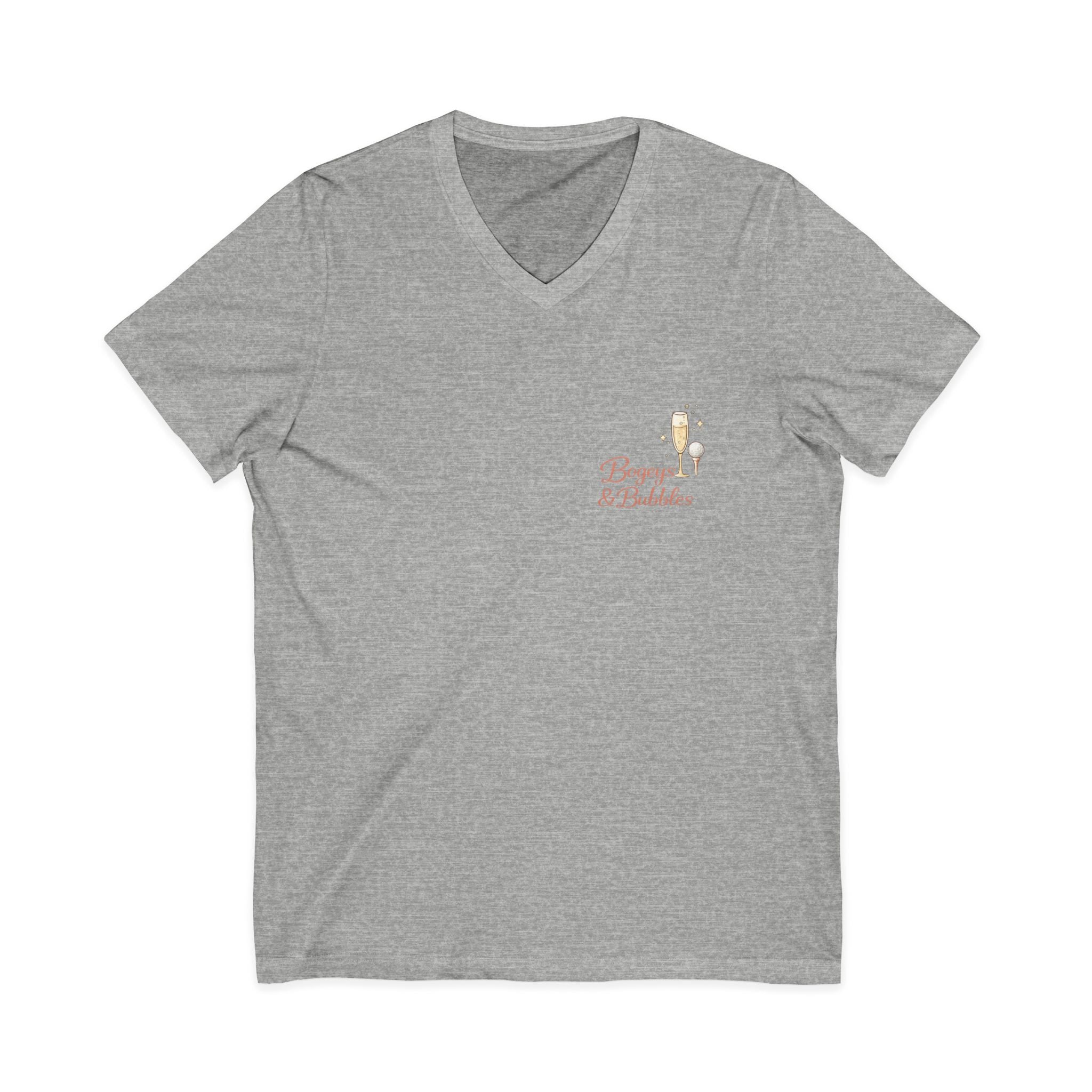 Bogeys & Bubbles V-Neck Tee — “Play Well, Sip Often”