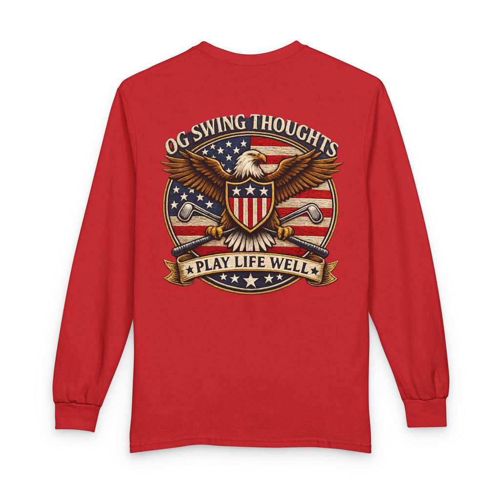 "Play Life Well" with Patriotic Eagle Vintage American Long Sleeve Crew