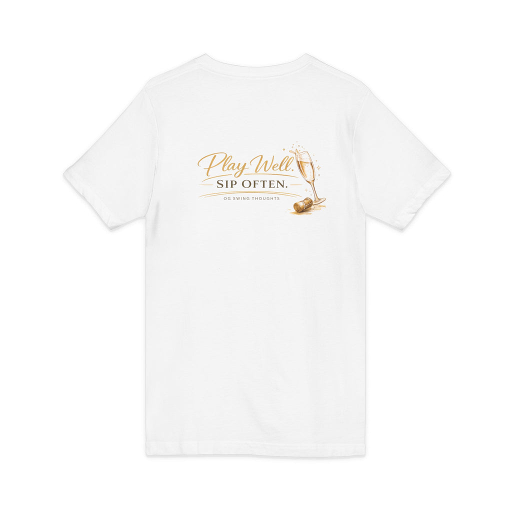 Bogeys & Bubbles V-Neck Tee — “Play Well, Sip Often”
