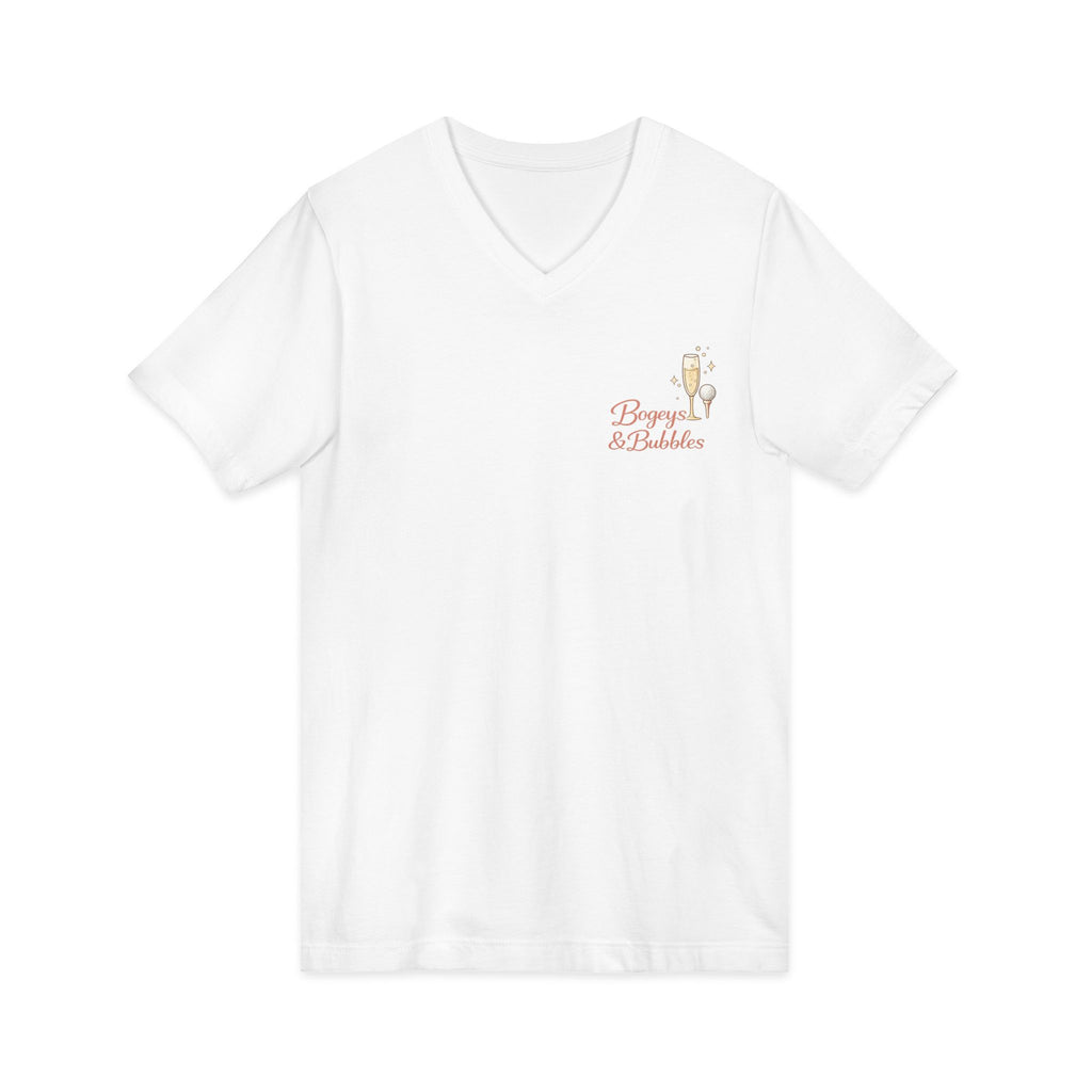 Bogeys & Bubbles V-Neck Tee — “Play Well, Sip Often”