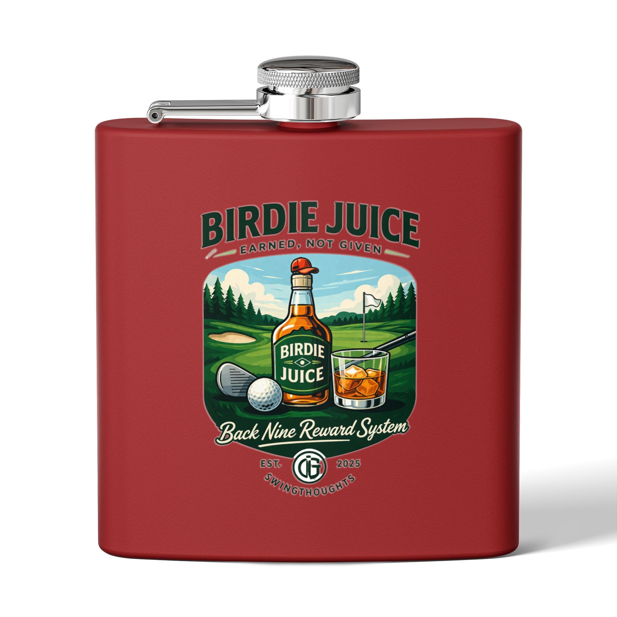 Golf Flask — “Birdie Juice” 6oz Stainless Steel Hip Flask (Golf Gift)